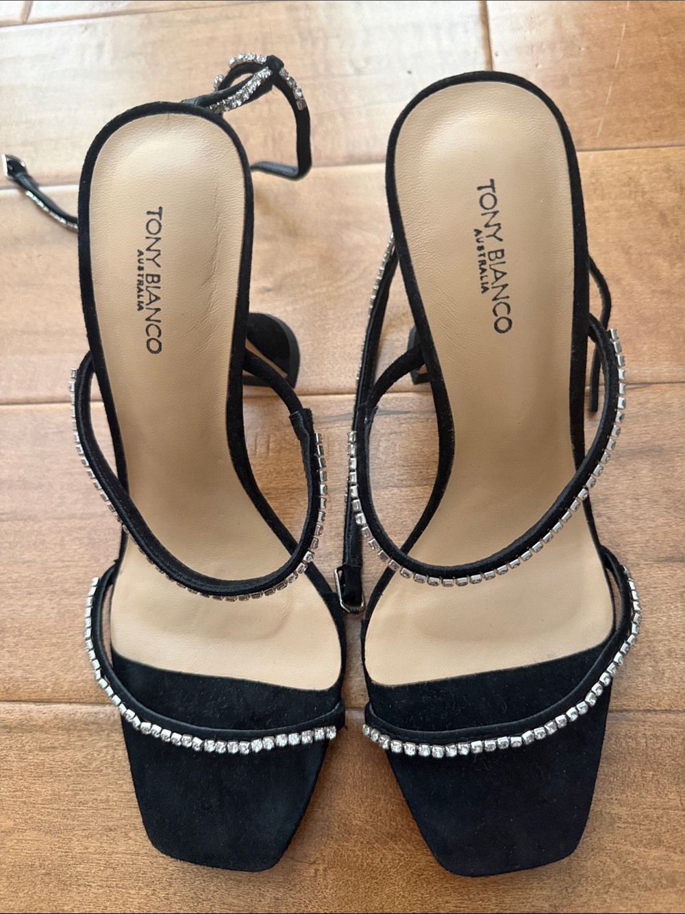 Tony Bianco Black Suede Crystal-Strap High Heels